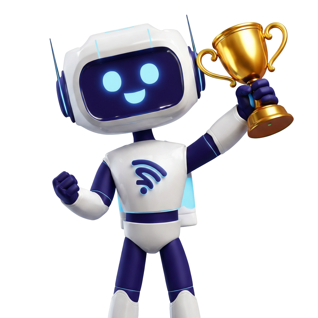 Mascote robô da LinkNet com sinal de Wi-Fi segurando troféu